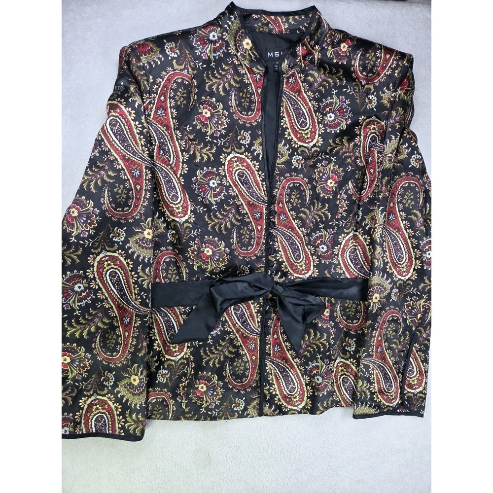 MSK Womens XL Paisley Satin Tie Front Jacket Open Front Lightweight Black Boho